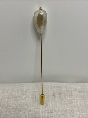 Vintage Baroque Faux Pearl Stick Pin Gold Tone Hat Lapel Pin Large